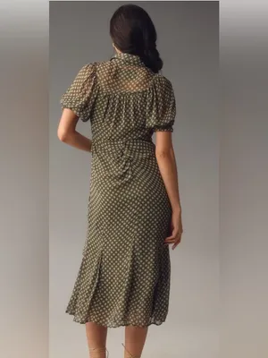NWT Anthropologie Button Front Puff Sleeve Midi Dress -‎ Moss Green Floral 0 thumbnail 4
