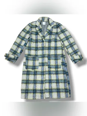 Cyrus Plaid Wool Blend Long Midi Overcoat Coat Grey Green Blue Large Winter thumbnail 12