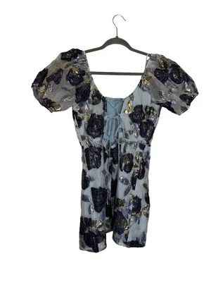 💙 Lulus Blue Floral Metallic Jacquard Puff Sleeve Mini‎ Dress XL 💙 thumbnail 3