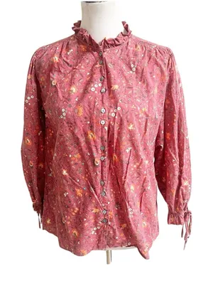 Sundance Women’s Floral Button Front Blouse Prairie Style High Collar Berry Med thumbnail 1