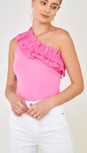 Endless Rose One Shoulder Pink Ruffle Bodysuit thumbnail 1