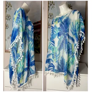 SHEIN Blue White Tropical Floral Sheer Tassel Beach Cover Up Size Large thumbnail 7