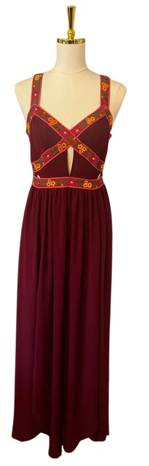 Free People Embroidered Bohemian Ribbon Lace Flower Maxi Dress Burgundy Small thumbnail 1