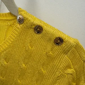 Lauren Ralph Lauren Yellow Cable Knit Shoulder Button Sweater Womens Medium thumbnail 6