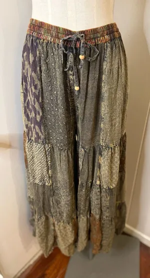 Young Threads Boho Tiered Patchwork Pants in Olive Multi Sz L thumbnail 1