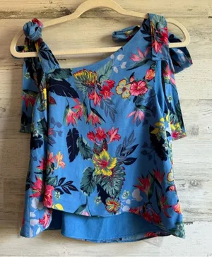 Zara Floral Assymetric Summer Lightweight Lined Sleeveless Top‎ Blouse Blue XS thumbnail 1