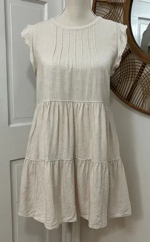 New In Linen Blend Tiered Mini Dress‎ S Boho Flutter Sleeve Coastal Minimalist thumbnail 1