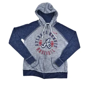 Majestic Atlanta Braves Full Zip Hoodie Blue Gray Slub Knit Baseball Womens M thumbnail 1