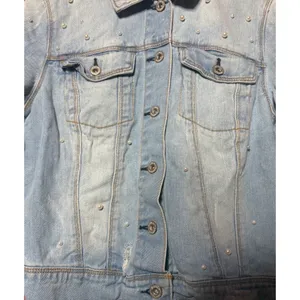 Jessica Simpson Women Large Pearl Embellished Distressed Denim Jacket Light Wash thumbnail 5