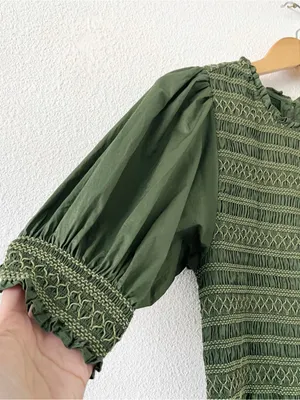 Hill House Home Ellie Nap Olive Green Smocked Puff Sleeve Mini Dress thumbnail 4