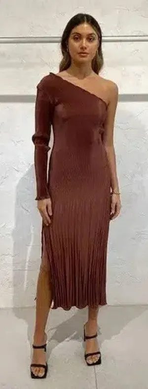 L'idee Soiree One Shoulder Long Sleeve Midi Dress in Chocolate Brown Size 8 thumbnail 1
