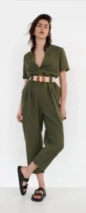 Zara Belted Short Sleeve Jumpsuit Dark khaki Size Medium thumbnail 1