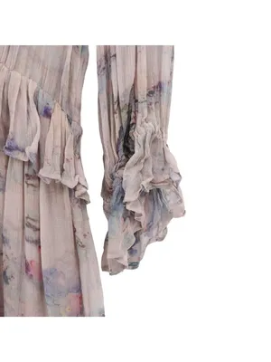 IRO Banon Floral Mauve Mini Blouson Ruffle Lace Up V-neck Dress 42 US 10 thumbnail 6