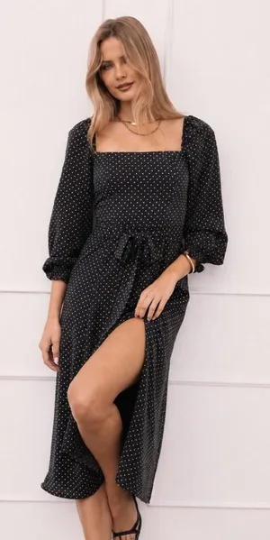 Petal & Pup | Ettie‎ Polka Dot Long Sleeve Midi Dress in Black thumbnail 1