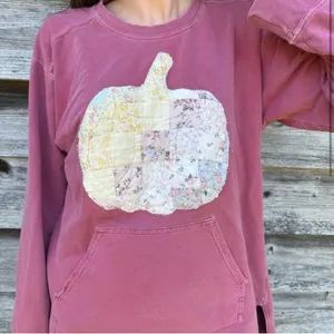 Handmade Quilt Pumpkin Sweatshirt Comfort Colors Fall Halloween Art to Wear thumbnail 2