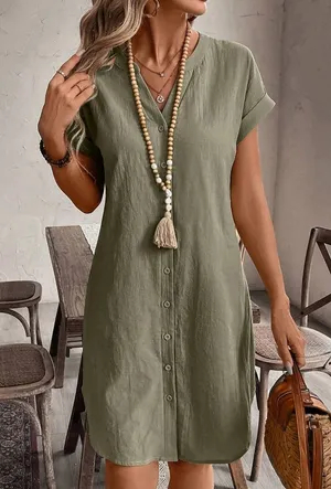 Olive Green V-Neck Button-Up Short Sleeve Cotton Dress thumbnail 1