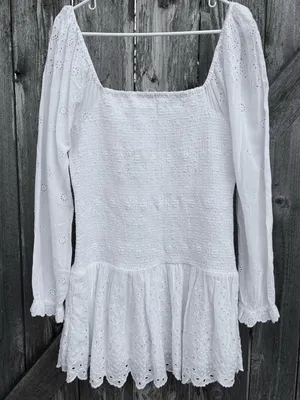EUC LoveShackFancy Jayce Smocked Eyelet Scalloped Hem Mini Dress White Large thumbnail 13