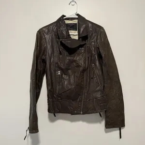 AllSaints Brown Leather‎ Lana Moto Biker Jacket Size 12 thumbnail 2