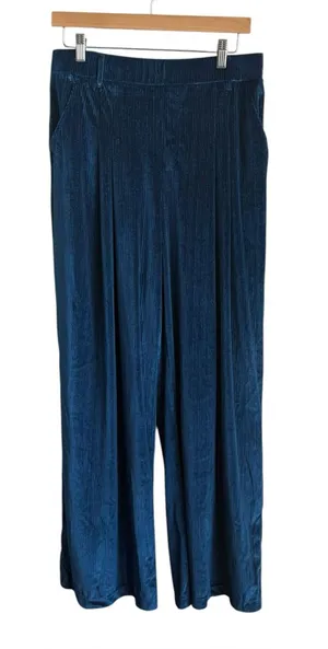 Halara Ribbed Velvet Palazzo Pants Blue Teal High Waisted Wide Leg Pull On Large thumbnail 1