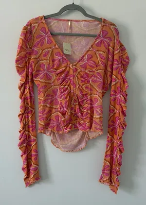 Free People Through the Meadow V Neck Floral Long Sleeve Top Pink Orange M NWT thumbnail 1