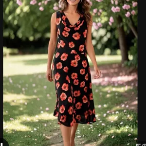 Talbots Coral Poppy Floral Cowl Neck Sleeveless Flare Midi Dress Size 10 thumbnail 2