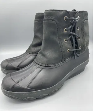 Sperry Top Sider Womens‎ Black Duck Boots Saltwater Leather Size 9.5 thumbnail 1