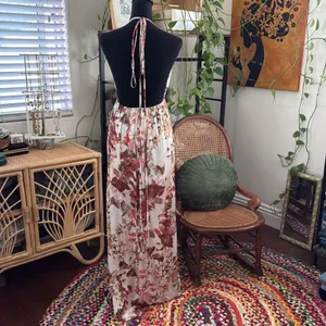 Hello Molly Off White Floral Open Back Side Slit Boho Hippie Halter Maxi Dress thumbnail 2