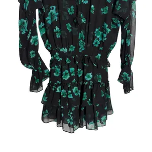 MISA Lolita Black Green Floral Print Long Sleeve V-Neck Ruffled Mini Dress Small thumbnail 4