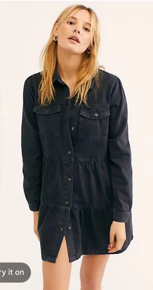 Free People Nicole denim shirt dress mini tired black sz M thumbnail 1