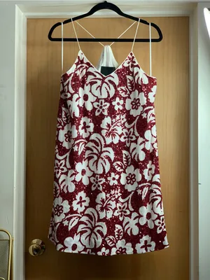 J Crew Floral Red and White Sequin Tropical Slip Dress Size-4 70’s Tropical thumbnail 3