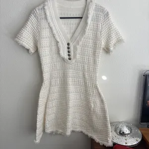 White Textured Fringe Trim V-Neck Henley Fit & Flare Mini Dress Short Sleeves thumbnail 3