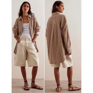 Free People Large Freddie Menswear Oversized Shirt Jacket Shacket Neutral Plaid thumbnail 2