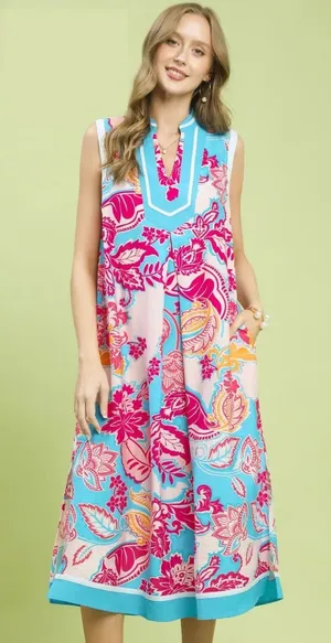 Umgee Floral Sleeveless Midi Dress with Side Pockets - Blue - Small thumbnail 1