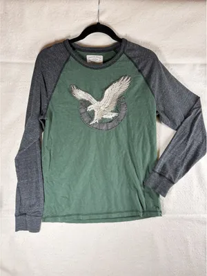 American Eagle Eagle Logo Raglan Long Sleeve T Shirt Green Gray Women’s M thumbnail 2