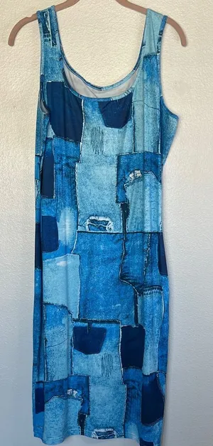 Amazon EUC Blue Patchwork Sleeveless Dress Stretchy sz XL thumbnail 1