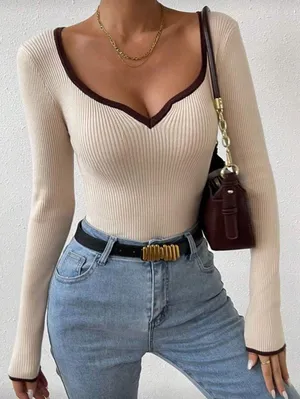 SheIn Contrast Binding Sweetheart Neck Ribbed Knit Long Sleeve Top thumbnail 1