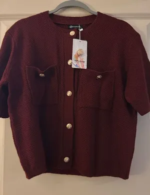 PRETTYGARDEN NEW Red Wine Short Sleeve Waffle knit Career Button down Sweater M thumbnail 1