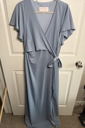 NWT Birdy Grey Dress Dusty Blue 1X Bridesmaid Formal Wedding Yolanda Crepe thumbnail 1
