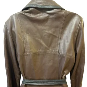 VTG Brown Leather Trench Coat Belted Contrast Trim Minimalist Chic Sz 16 Lined thumbnail 6