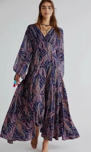NEW Free People Mirage Paisley Bandana Print Sapphire Combo Maxi Dress 12 thumbnail 1