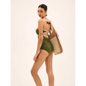 Commense Seagrass Army Green Vacation Contrast Binding Swimsuit OnePiece Green M thumbnail 3