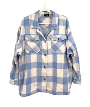 HFX Blue & Cream Plaid Long Sleeve Shacket Front Pockets Size Large thumbnail 1