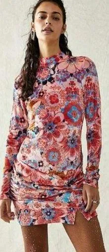 FREE PEOPLE Della Burnout Velvet Mini Dress in Fruit Punch Combo Size Large thumbnail 1