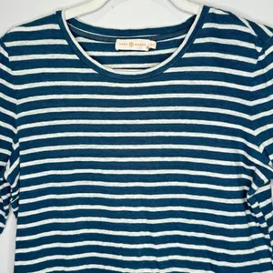 Tory Burch 100% Linen Stripe Minimalist Crew Neck Long‎ Sleeve Shirt Hem Medium thumbnail 3