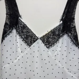 Lovestitch‎ Women Babydoll Tank Top Large White Black Polka Dot Lace Trim Whimsy thumbnail 3