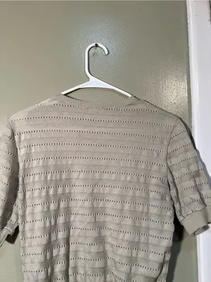 Women's Crewneck Short Sleeve Sweater Beige Pointelle Striped‎ Knit Ribbed Hem thumbnail 7