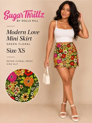 Sugar Thrillz Modern Love Floral Mini Skirt Green Retro 70s XS thumbnail 2