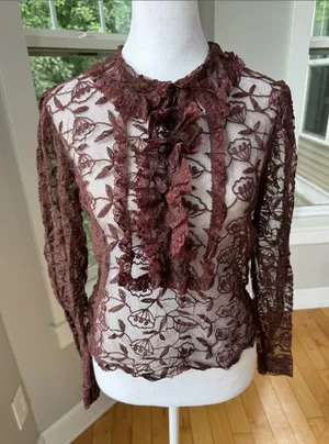 Vintage Brown Floral Lace Ruffle Blouse thumbnail 1