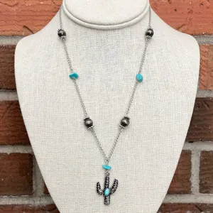 Saguaro Cactus Necklace with Navajo Style Pearl & Turquoise Beaded Chain thumbnail 1