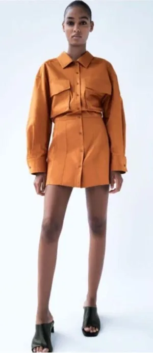 Zara Shirt Dress Small Orange Utility Poplin Cargo Open Back Blogger Fave thumbnail 1